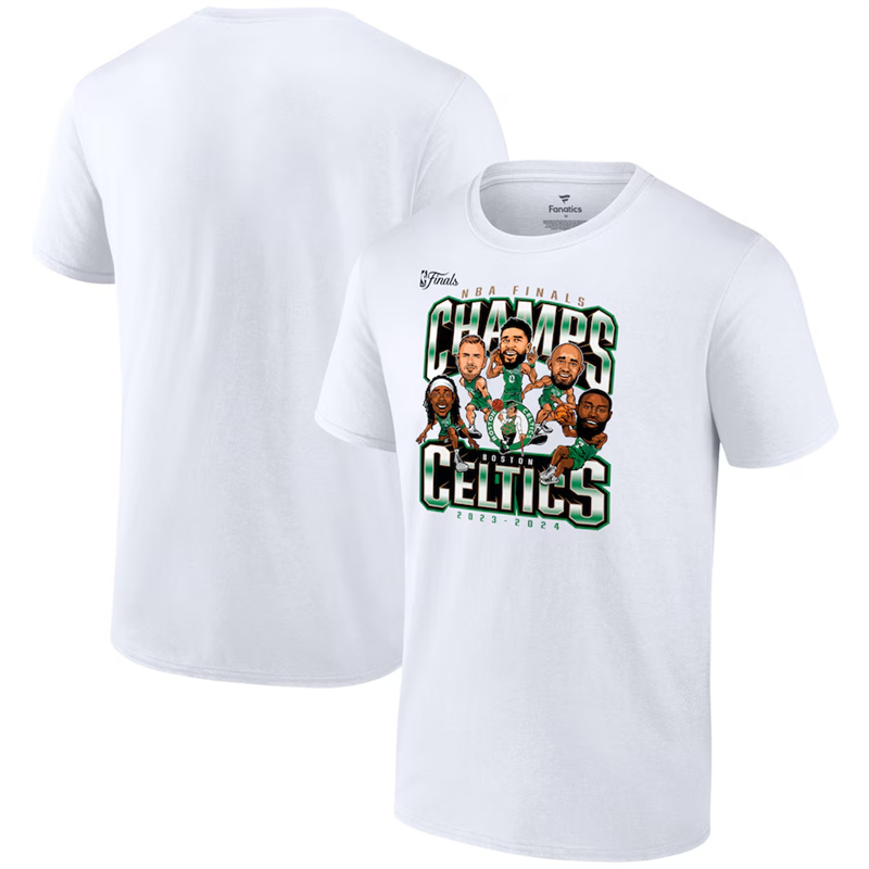 Men's Boston Celtics White 2024 Finals Champions Pull Up Jumper Caricature T-Shirt